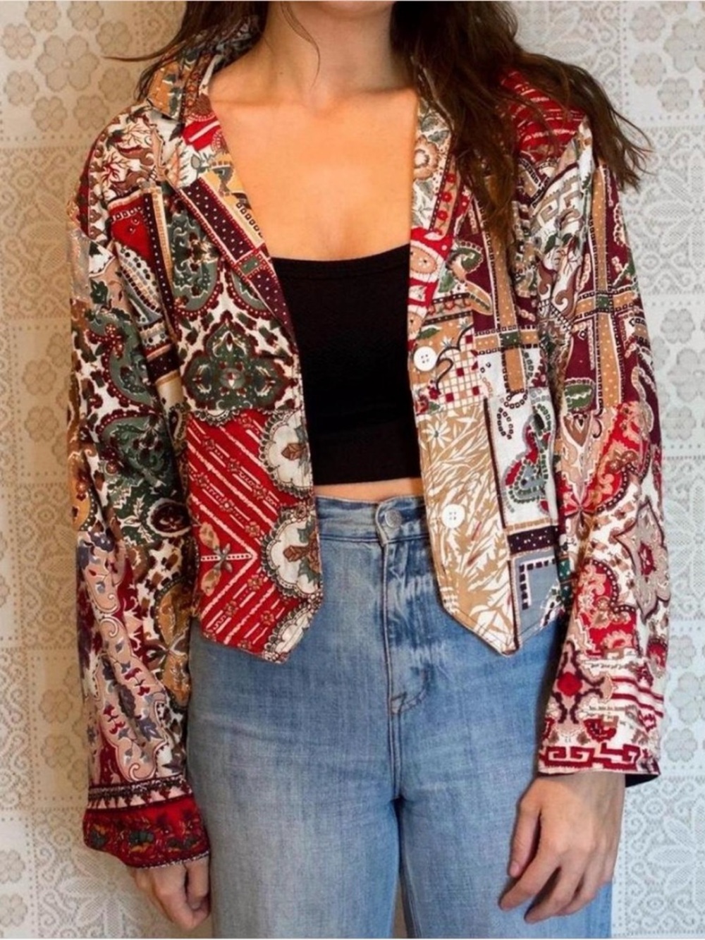 Vintage Multicolor Patchwork Jean Jacket with Red and Tan Accents
